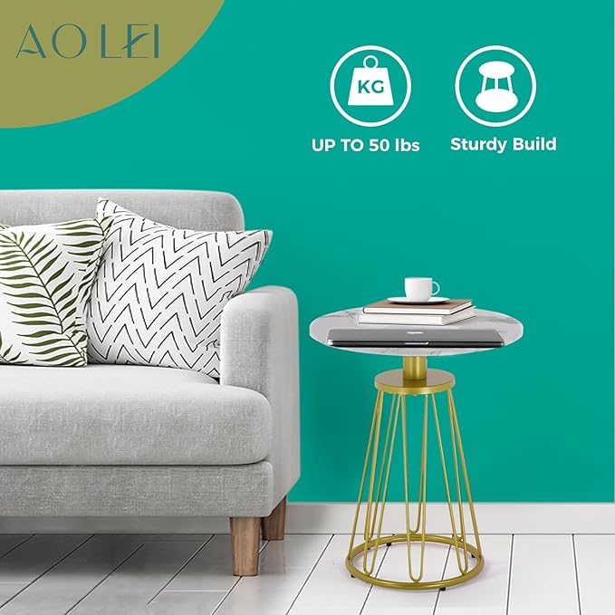 Round End Table Set of 2, Small Side Table for Living Room, Bedroom, Modern Side Tables for Small Spaces, Sofa Couch Table with Metal Frame Legs, Easy Assembly(Gold and White)