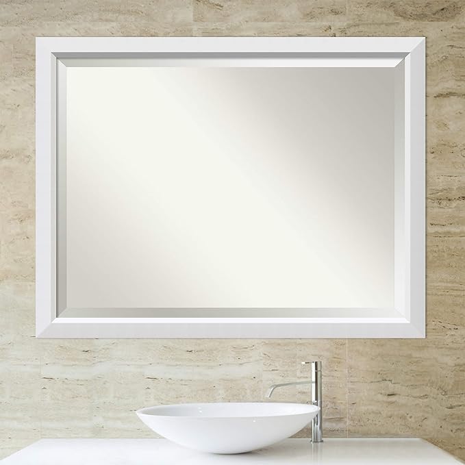 Amanti Art White Bathroom Mirror for Over Sink, 34x44 Blanco White Rectangle Vanity Mirror, X-Large Modern Contemporary Wood Frame, Hangs Horizonally and Vertically, Bathroom Wall Decor, Beveled Edge