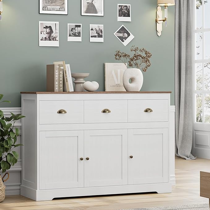Keyluv Buffet Cabinet Storage Kitchen Sideboard Farmhouse Buffet Server Bar Wine Cabinet with 3 Drawers & 3 Doors Adjustable Shelves Console Table for Dining Living Room Cupboard, Antique White