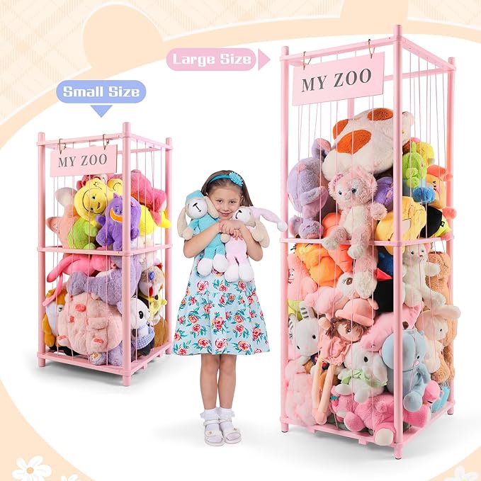 Stuffed Animal Storage Zoo, Wooden Stuffed Animal Organizer with Elastic Cords for Boys Girls, Space Saving Toy Plushies Storage Holder for Playroom, Bedroom, Living Room (Pink, Small)