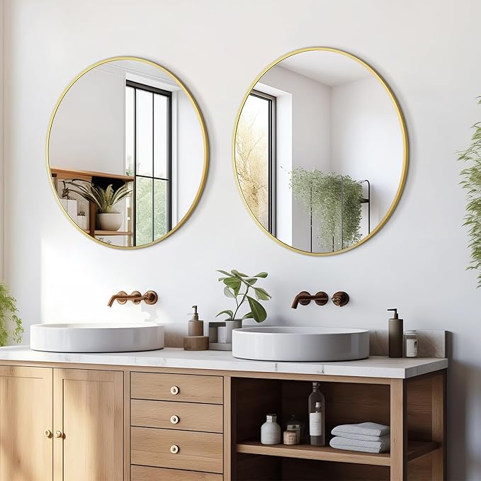 Circular Mirror Gold Round Mirror 18 Inch Round Bathroom Mirror Wall Mirrors Brushed Metal Frame Anti-Rust Tempered Glass for Bathroom Bedroom Entryway Living Room