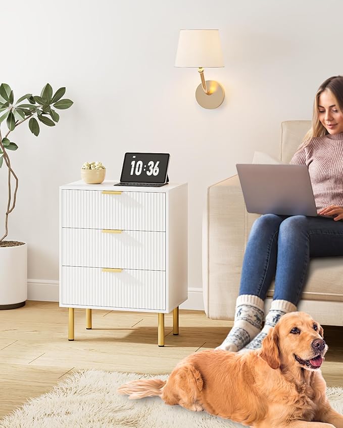 Night Stand,Tall Bedside Table with 3Storage Drawers,White Nightstand,Bedside Furniture,Side Table with Gold Frame,End Table for Bedroom,Living Room (Modern-3drawers, White)
