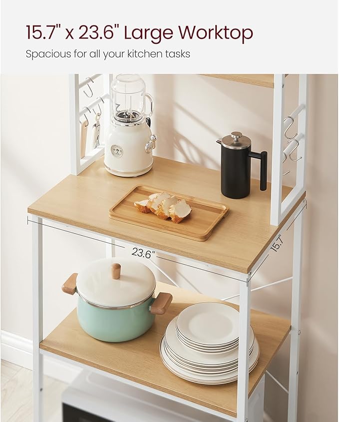 VASAGLE Coffee Bar, Baker’s Rack for Kitchen with Storage, 6-Tier Kitchen Shelves with 6 Hooks, Microwave Stand, Industrial, 15.7 x 23.6 x 65.7 Inches, Oak Color and White UKKS024W09