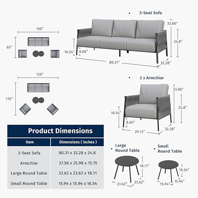 EAST OAK 5-Piece Patio Furniture Set | Life Chatter 5-Seat Outdoor Furniture | Deep Seating & Two Coffee Tables | Waterproof Extra-Thick Cushions | Porch, Balcony & Backyard | Earth Black & Misty Grey