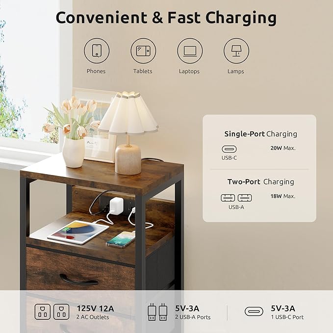 NightStand Bedside Charging Table Bedroom - Brown Night Stand with Charger Station, Modern Bed Side End Table with Open Shelf & 2 Fabric Drawers, USB-C USB Ports & AC Outlets for Dorm, Living Room