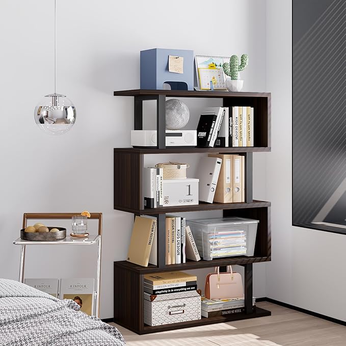 SORCEDAS Bookshelf Geometric Bookcase S Shaped Industrial Bookshelf Storage Display Stand Shelf for Living Room Bedroom and Office Room (Black, 4 Tier)