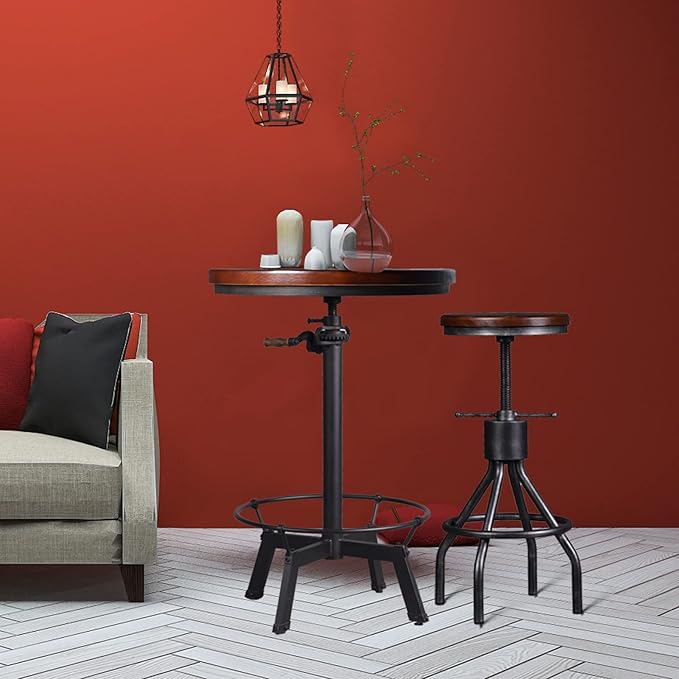 LOKKHAN Industrial Bar Table-33.5-39.4 Inch Tall-Adjustable Bar Height Pub Table-23.7 Inch Swivel Round Wood Top Metal Base-Easily Adjusts by Crank Handle