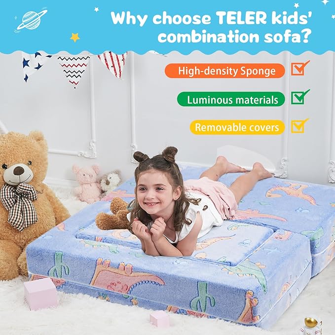 Kids Couch Sofa Modular Toddler Couch,Fold Out Kids Sofa, Blue Dinosaur