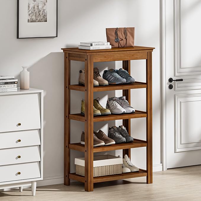 Bamworld Shoe Rack for Front Door Entrance Bamboo Shoe Organizer Free Standing Shoe Cabinet Narrow Shoe Storage Shelf for Entryway, Closet and Doorway Brown, 23.6"