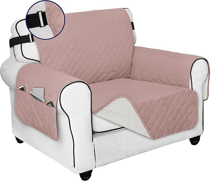 PureFit Reversible Sofa Cover Water Resistant Chair Couch Cover, Machine Washable Furniture Cover with Non-Slip Foam and Adjustable Strap for Dogs, Pets (Chair, Pink/Ivory)
