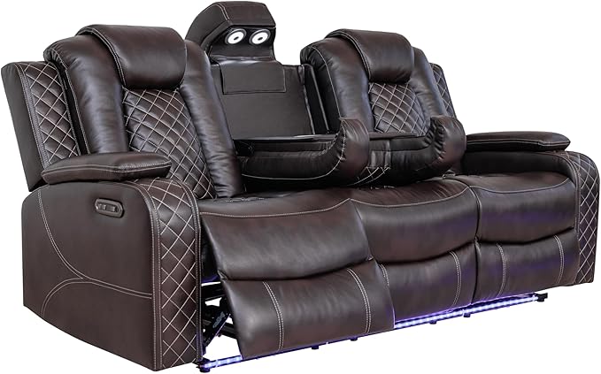 Ball & Cast Power Recliner Sofa Set Leather Reclining Sofa Set Living Room Furniture Set 3PCS Recliner Couch Loveseat & Chair Sets with Coffee Table,Reading Light,Cup Holders for Home Theater Seating