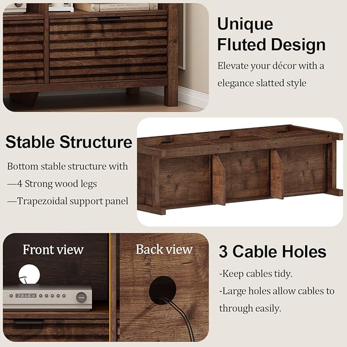 BON AUGURE TV Stand, Mid Century Modern Media Console for 65/55/50 Inch TVs, Wood Fluted Entertainment Center with Storage for Living Room, Bedroom (Rustic Oak)