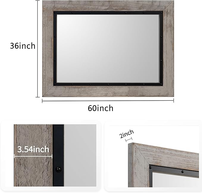 YOSHOOT Rustic Wooden Framed Wall Mirror, Natural Wood and Iron Bathroom Vanity Mirror for Farmhouse Decor, Vertical or Horizontal Hanging, 60" x 36", Grey