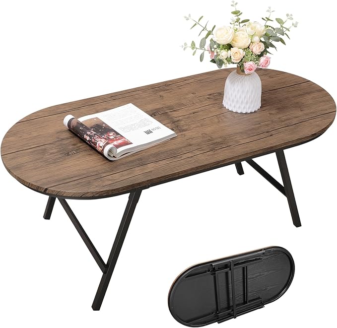 Folding Coffee Table for Small Spaces Wood and Metal Oval Coffee Table Portable Low Coffee Tables for Living Room, Home, Office, Light Brown