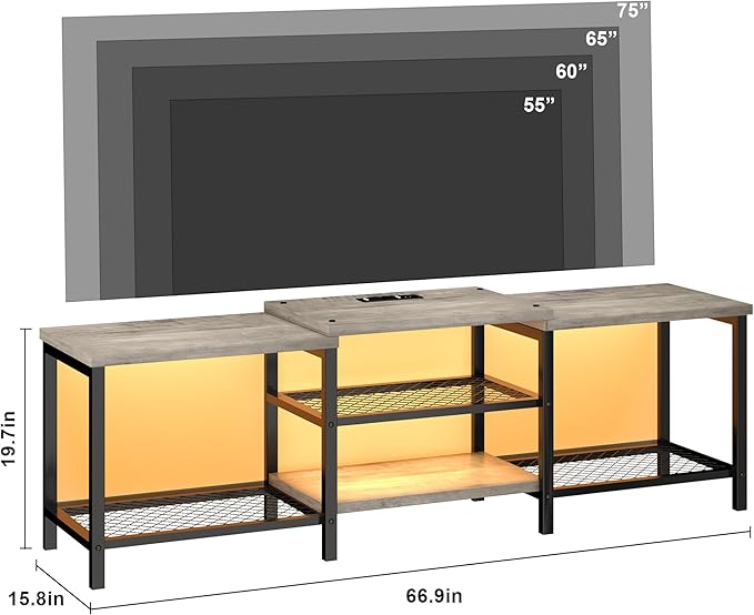 GarveeHome TV Stand with LED Lights for 55/65/75 Inch TV, 67 Inch Large Entertainment Center with Power Outlets, Media Console for Living Room, Bedroom, Grey
