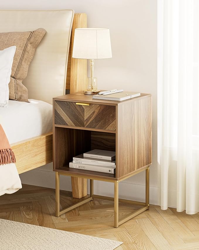 Nightstand,Modern Night Stand Boho Farmhouse Wood Bedside Table with Storage Drawer and Open Shelf,Side End Table for Bedroom,Living Room,Walnut