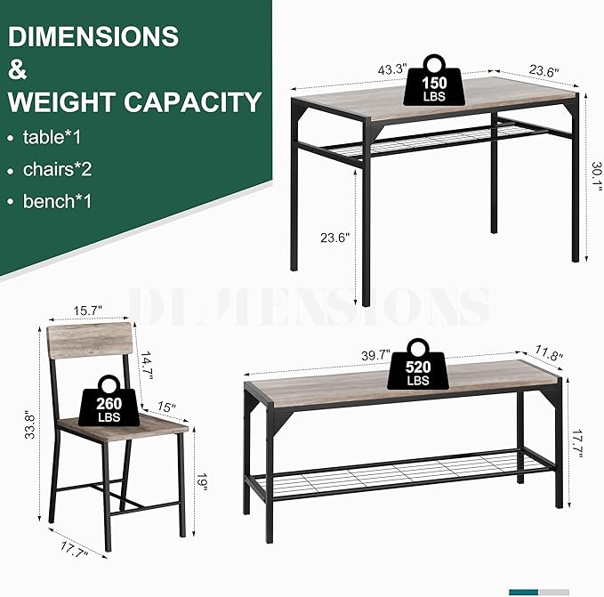 Shintenchi Kitchen Table Chairs Set of 4, Dining Table Set for 4 with Bench and Chairs, 4 Pieces Kitchen Table Set with Storage Rack & Metal Frame for Small Space, Gray
