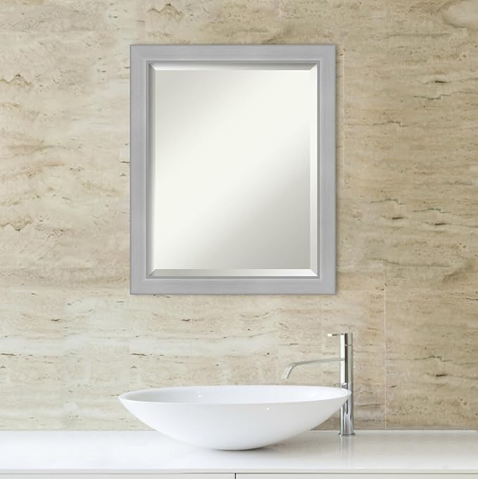 Amanti Art Silver Bathroom Mirror for Over Sink, 23x19 Vista Brushed Nickel Narrow Rectangle Vanity Mirror, Small Casual Frame, Hangs Horizonally and Vertically, Bathroom Wall Decor, Beveled Edge