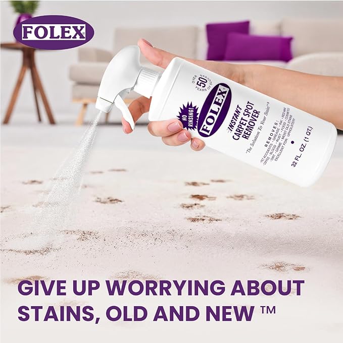 FOLEX Instant Carpet Spot Remover 32 oz – Powerful Stain Remover for Carpets, Upholstery & Rugs – Eliminates Pet Stains, Grease, Red Wine, Food, Makeup & More – With Reusable Cleaning Cloth – 1 Pack