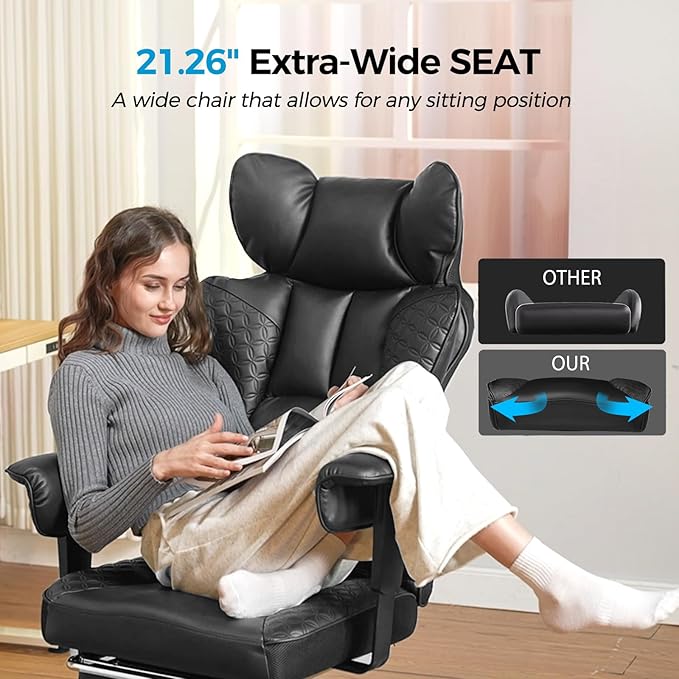 COMHOMA Big and Tall Office Chair 400LBS Wide Ergonomic Gaming Chair with Deluxe Embossing Designed Leather with Foot Rest,150°Reclining Adjustable Armrests Pocket Spring Back Support and Pillow