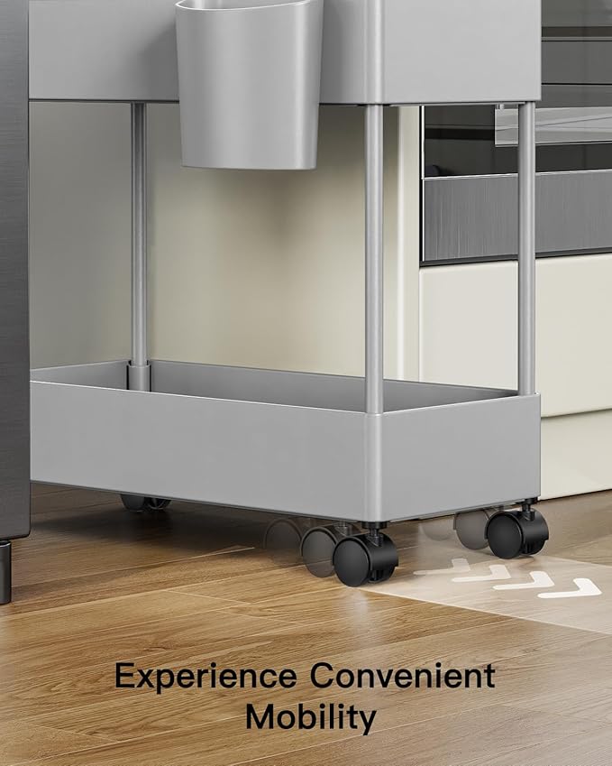 Pipishell Slim Storage Cart with Wheels - 3 Tier Bathroom Organizers and Storage Cart - Rolling Carts for Bathroom, Kitchen, Narrow Space, Laundry Room,Grey