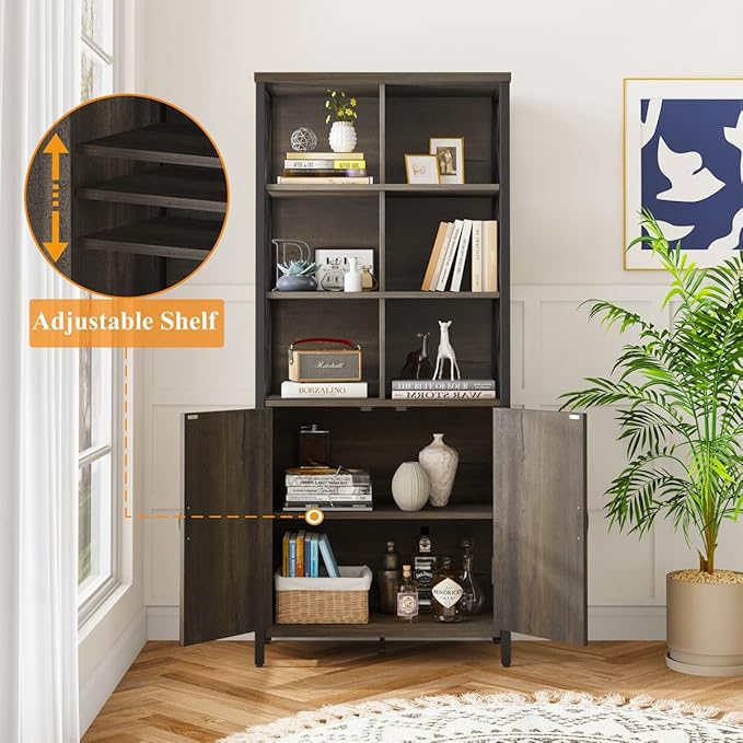 FATORRI Industrial Tall Bookshelf, Rustic Bookcase with Doors, 6 Cube Storage Organizer with Shelf for Living Room, Wood and Metal Book Shelf for Home Office (Walnut Brown)