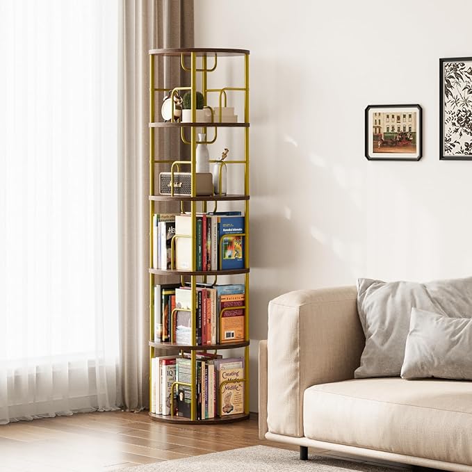 5 Tier Rotating Bookshelf, 360 Display Spinning Corner Bookshelf, Space-Saving Metal Frame Bookcase for Living Room, Office, Bedroom, Gold