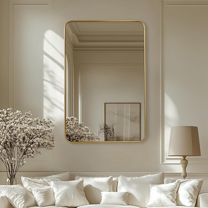 ANDY STAR 24x36 Rectangle Bathroom Mirror, Brushed Gold Stainless Steel Metal Frame Bathroom Mirror for Over Sink, Modern Rounded Corner Brass Vanity Wall Mirror, Hangs Horizontally or Vertically