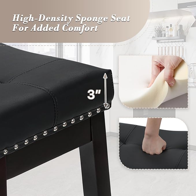Athena Collection Counter Height Bar Stools Set of 2, 29.5 Inches Backless Saddle Bar Stools with Leather Upholstered and Nailhead Trim, Barstools for Counter, Kitchen Island, Dining Room, Black