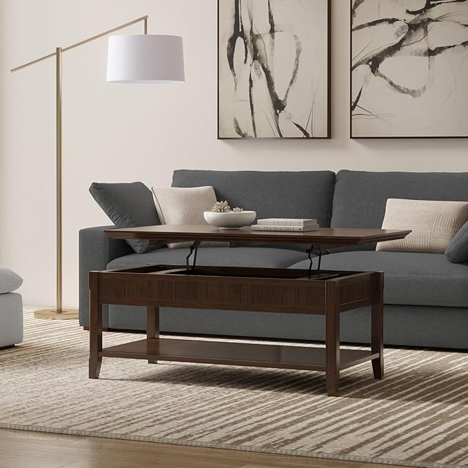 SIMPLIHOME Acadian Lift Top Coffee Table - 48 inch Wide Solid Wood Transitional Pop-up Cocktail Table in Brunette Brown, Classic Living Room Table with Lift-up Storage Compartment and Open Shelf