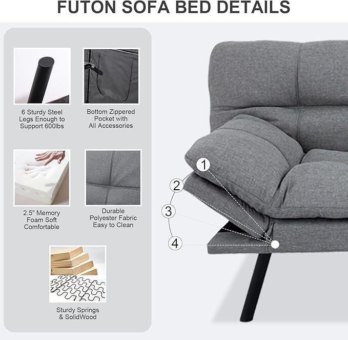 Vipbear Futon Sofa Bed Couch, 71" Convertible Sofa Bed, Space-Saving Loveseat with Adjustable Backrest & Armrest for Living Room,Apartment,Office,Medium Grey Sleeper Sofa