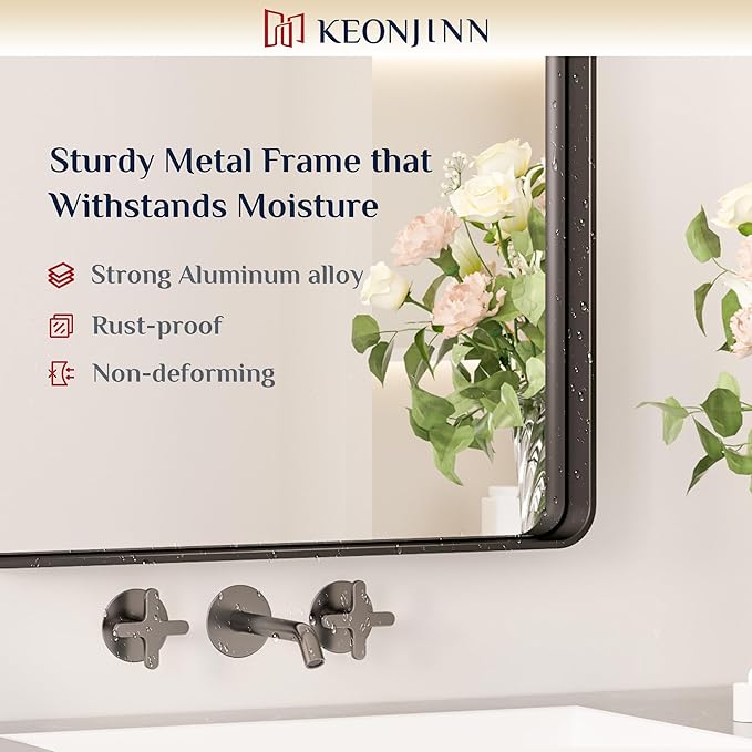 Keonjinn Black Bathroom Mirror for Over Sink, 24 x 32 Inch Matte Black Mirrors for Wall, Rounded Corner Rectangle Farmhouse Vanity Mirror, Tempered Glass Modern Decorative Mirror(Horizontal/Vertical)