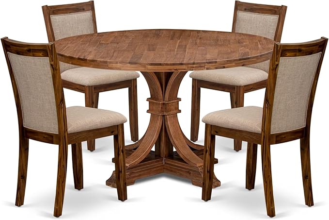 I7MZ5-50N-04 5-Pc Dining Room Set Includes a Pedestal Round Table and 4 Light Tan Polyester Fabric Padded Chairs with Padded Back - Antique Walnut Finish