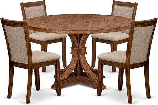 I7MZ5-50N-04 5-Pc Dining Room Set Includes a Pedestal Round Table and 4 Light Tan Polyester Fabric Padded Chairs with Padded Back - Antique Walnut Finish