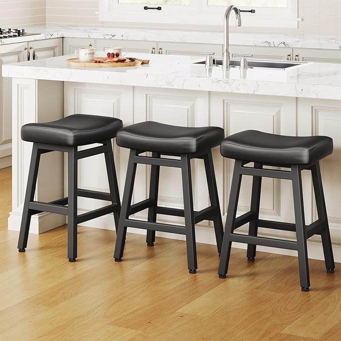 Counter Height Bar Stools Set of 3, 24 Inch Barstools for Kitchen Counter, Kitchen Stools with Bonded Leather Saddle Seats & Heavy Duty Metal Legs, Easy Assembly, All Black
