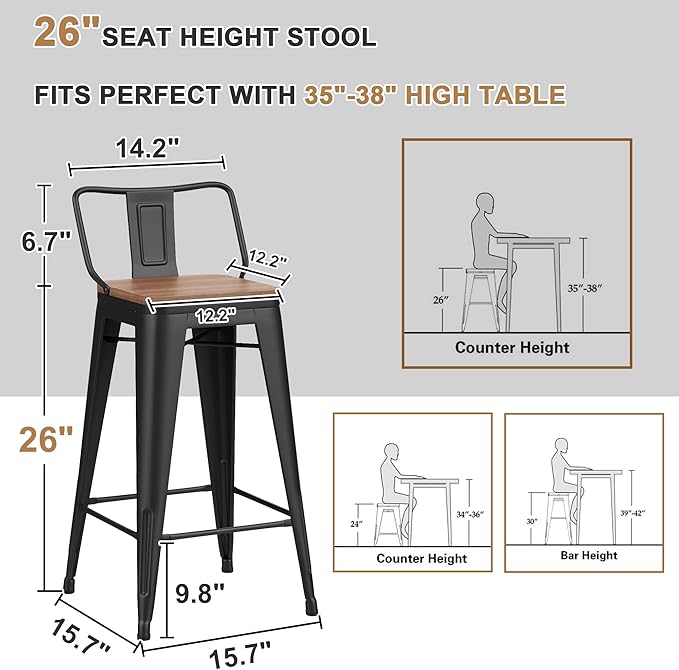 26 Inch Swivel Bar Stools Set of 4 with Backs Counter Height Industrial Metal Barstools Island Bar Chairs for Home Kitchen Dining Room (Swivel 26 inch,Matte Black Wooden)