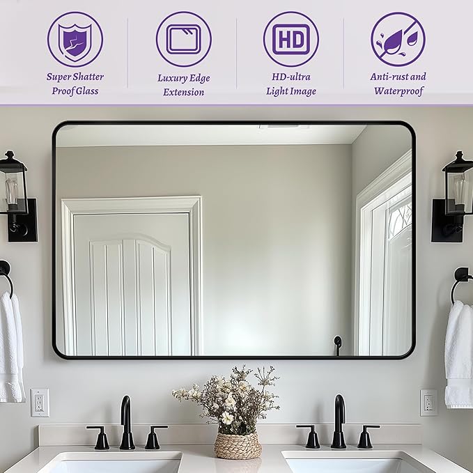 Bathroom Mirror, 48" x 30" Wall Mirror, Rectangular Aluminum Alloy Frame Contemporary Hanging Mirror for Living Room Bathroom Entryway, Black Rounded Corner