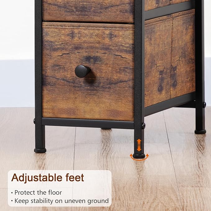 Narrow End Table Living Room with Charging Station, Skinny Side Table with Fabric Drawers, Slim Nightstand for Bedroom, Small Spaces, Couch, Rustic Brown, HETNDP03PBR-1