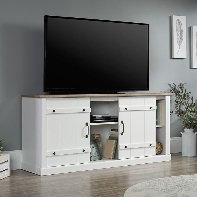 Sauder Miscellaneous Entertainment Farmhouse TV Stand, for TVs up to 70", Soft White Finish