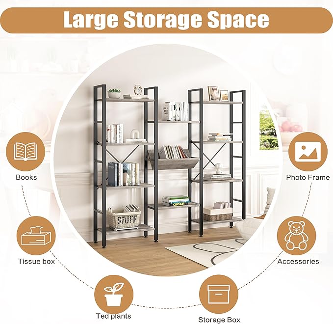 Shintenchi Industrial Bookcase,71.6” Triple 4 Tier Bookshelf with 11 Open Display Shelves,Large Etagere Bookshelf Open Record Player Shelves,Wide Book Shelf Book Case for Home & Office, Grey