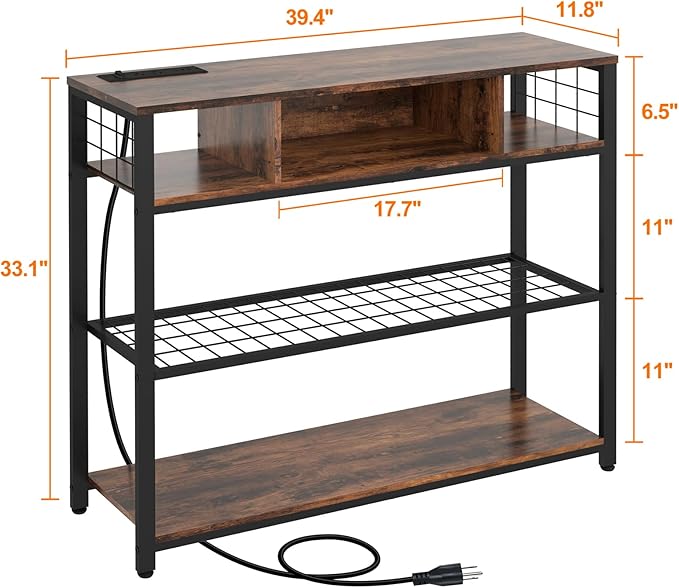 Console Tables with Charging Station, 4 Tier Narrow Sofa Tables with Storage Shelves, Entryway Tables with Outlet and USB Ports, Behind Couch Table for Living Room Hallway, Rustic Brown