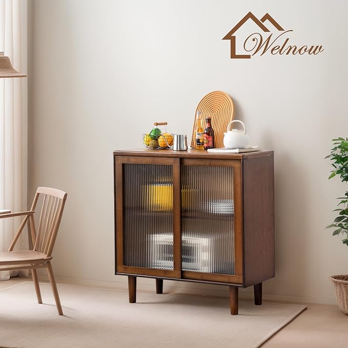 Welnow Buffet Cabinet, Bamboo Sideboard with Storage Kitchen Display Cabinet with 2-Tier Shelves Boho Coffee Bar Tables for Kitchen, Living Room, Entryway, Office, Walnut
