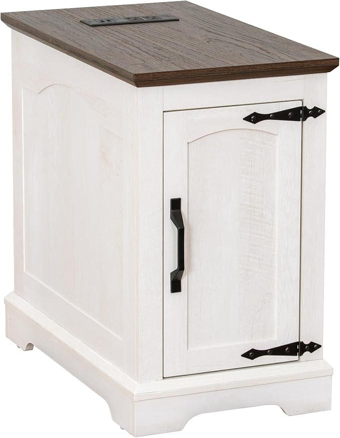 Narrow Side Table with Charging Station,13.8" W End Table with Storage for Sofa Couch or Bed Side with Outlets & USB Ports,Farmhouse Nightstand for Bedroom, Living Room (White & Walnut)