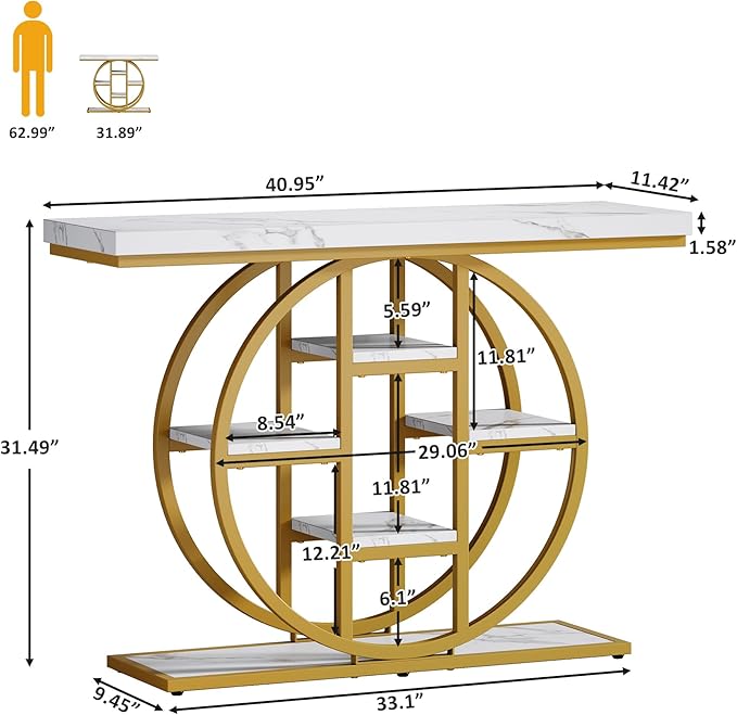 41" Console Table, 4-Tier Entryway Table with Circle Base, Industrial Narrow Wood Sofa Accent Tables with Storage Shelves for Living Room, Hallway, Foyer (White Gold)
