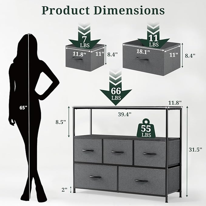 TV Stand, 5 Fabric Drawers Dresser Entertainment Center for TV up to 45 inch Wooden Media Console Table Storage Organizer with Open Shelf, for Living Room, Bedroom, or Small Space, Gray