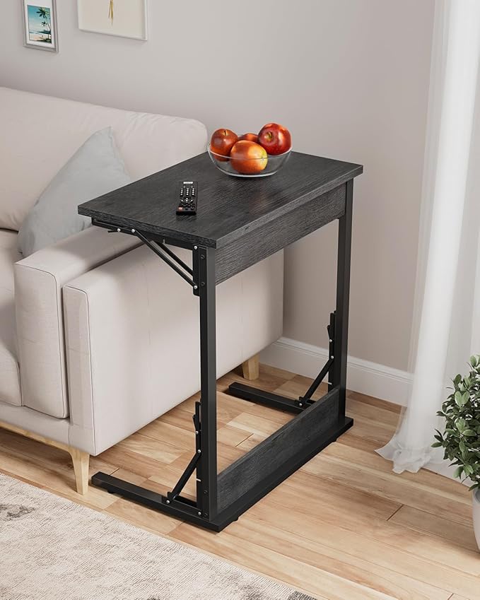 Tatub 24" Wide Folding C-Shaped End Table, Small Side Desk for Couch, Sofa TV Tray Table with Metal Frame for Living Room, Bedroom, Light Gray