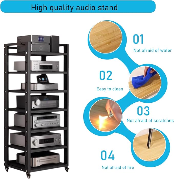7 Tier Audio Rack Tower, CD Record Player Stereo Receiver AV Equipment Cabinet Display Rack, Weight Capacity 661 lbs, with Adjustable Wooden Shelves for Home (BIACK, 7 Tier 55×19.7×15.7IN)