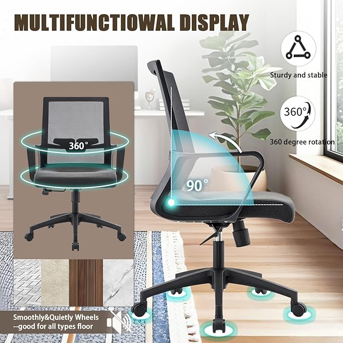 Office Chair ergonomically Designed with Breathable mesh backrest and Lumbar Support Adjustable Height Suitable for Offices Homes bedrooms Study Rooms Black