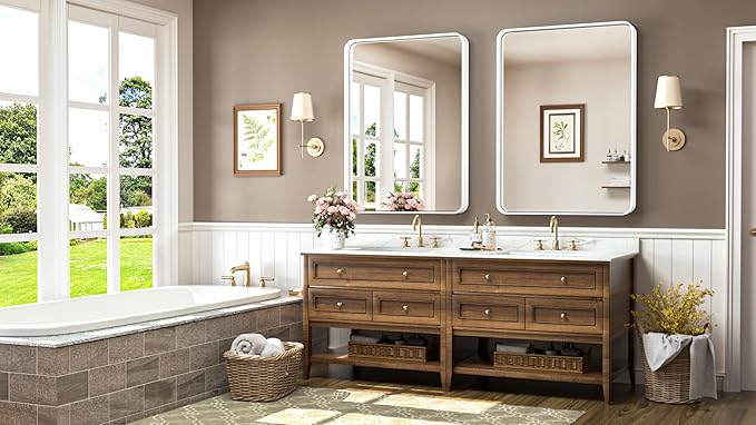 TokeShimi 24x36 Inch White Bathroom Mirror for Wall Vanity Mirror with Non-Rusting Aluminum Alloy Metal Frame Rounded Corner for Modern Farmhouse Home Decor (Horizontal/Vertical)