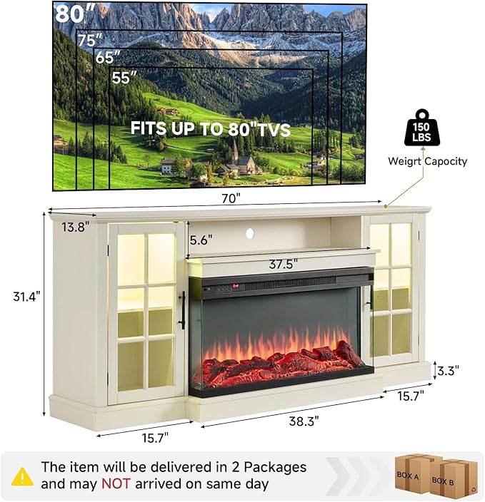 ROCKPOINT 3 Sided Glass 70" Fireplace TV Stand for TVs up to 80", Media Entertainment Center with Glass Door Storage Cabinet for Living Room,36" Electric Fireplace & Adjustable LED Light,White